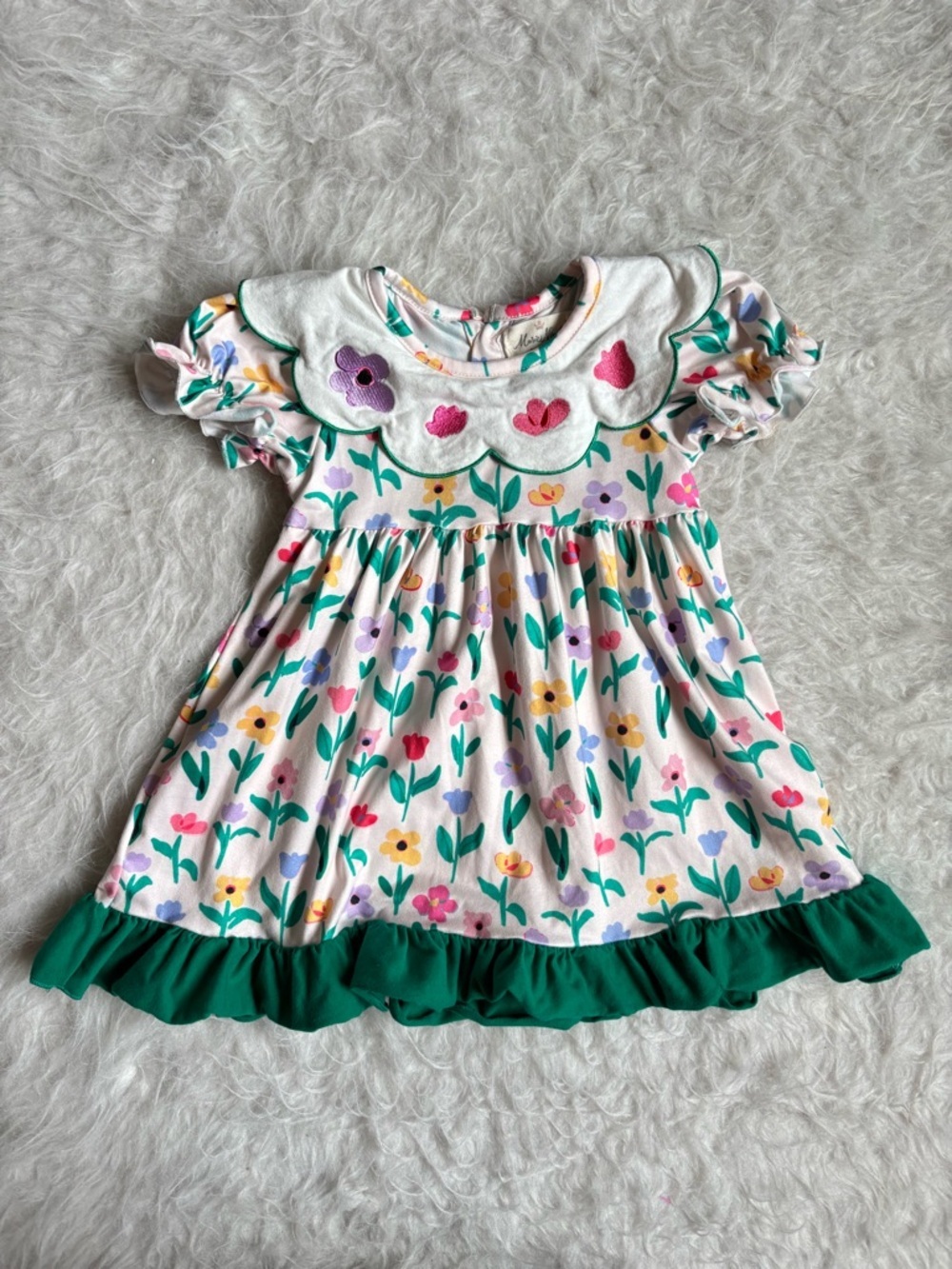 Marie Nicole Girls Colorful Floral Ruffle Dress with Embroidered Collar